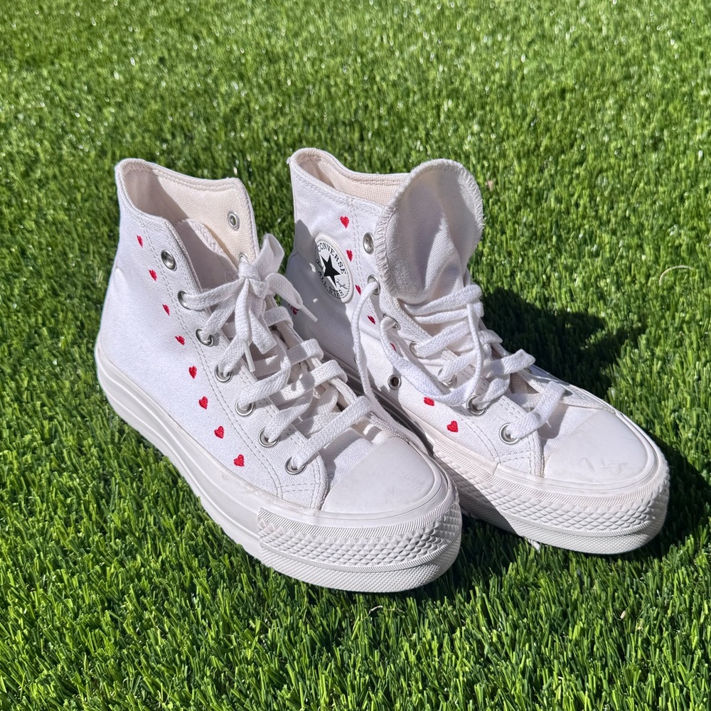 Converse White High-Tops with Red Heart Details ( Valentine’s Day )
